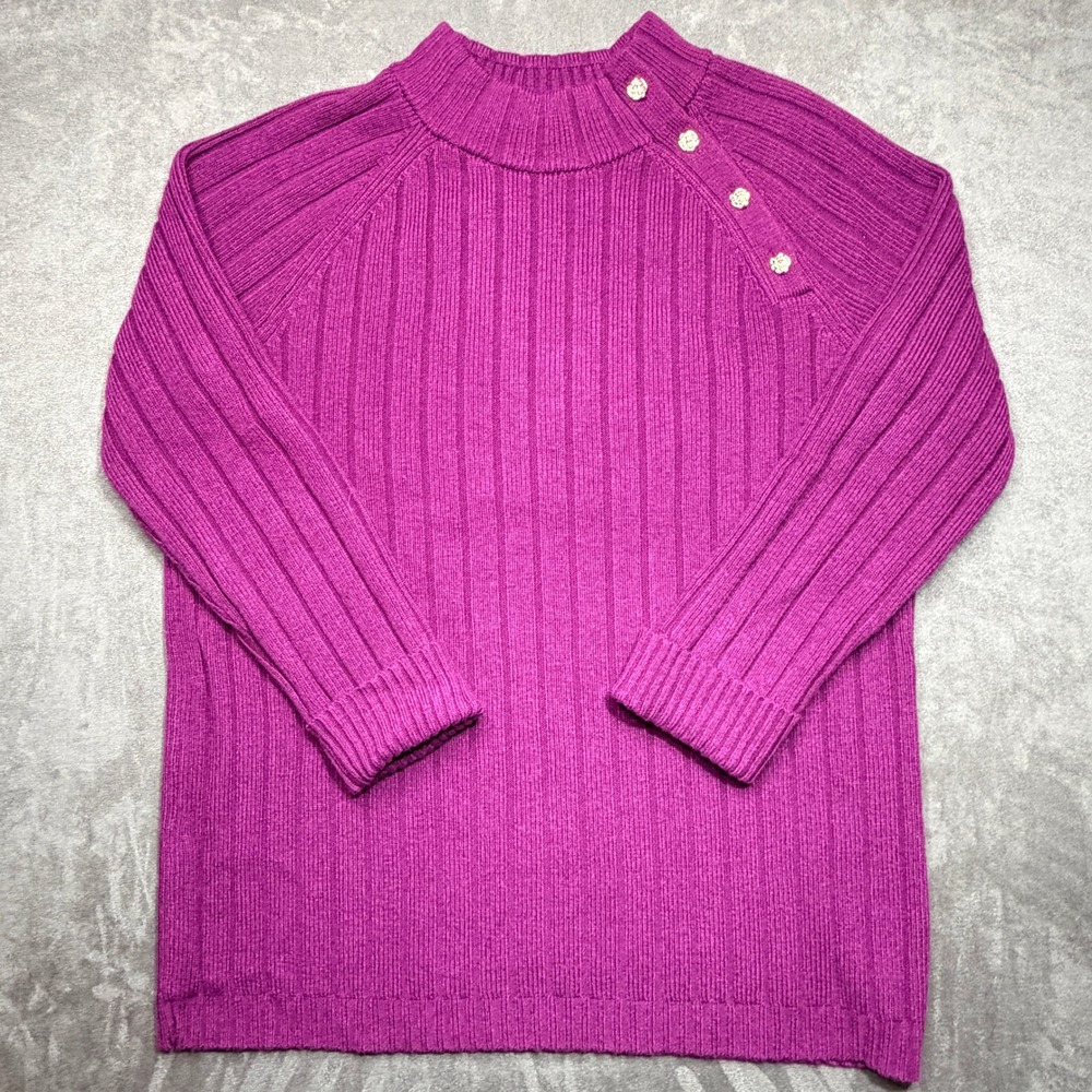 Talbots Plus Sweater Sz 1X Magenta Purple Ribbed Mock Neck Gold Button Shoulder - Picture 1 of 7